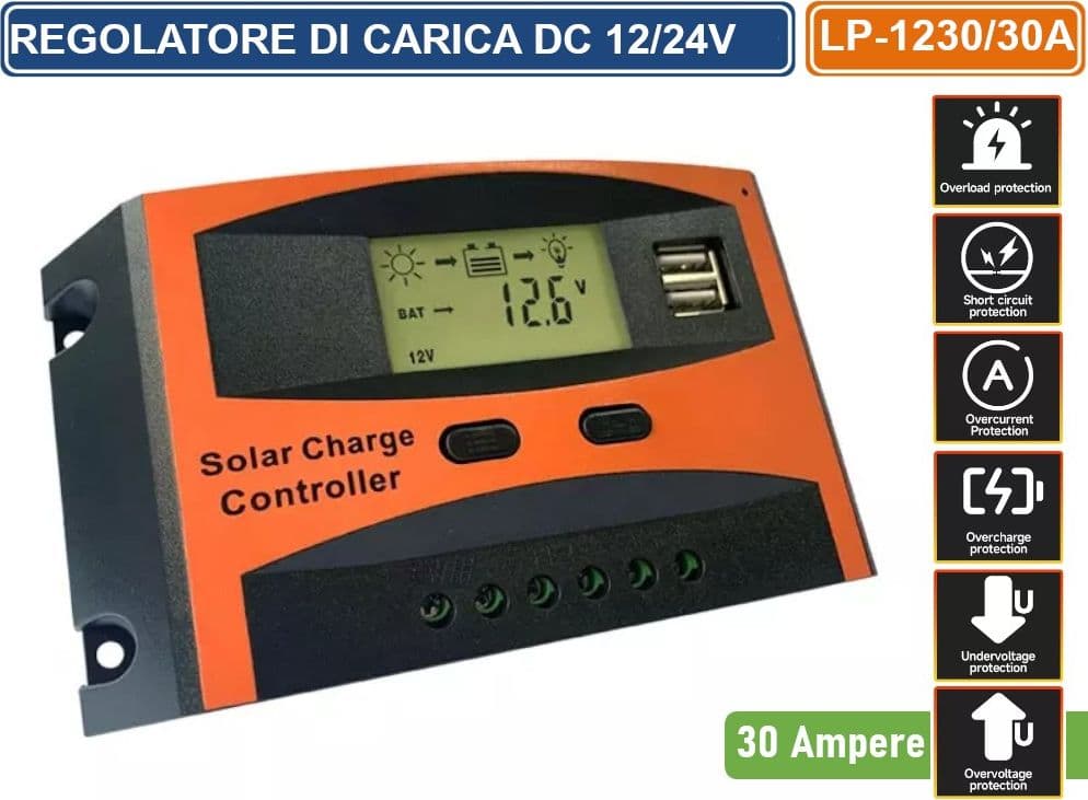 REGOLATORE DI CARICA PWM PER PANNELLI SOLARI 30A DC 12/24V AUTOSELEZIONE CON DISPLAY DOPPIA PORTA USB - 3