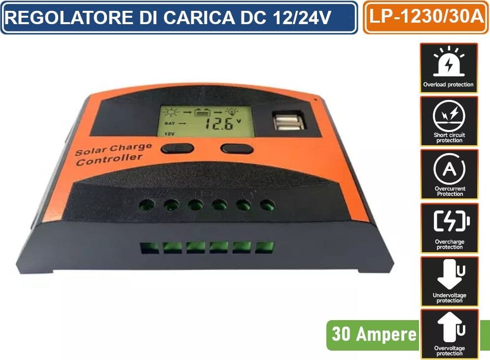 REGOLATORE DI CARICA PWM PER PANNELLI SOLARI 30A DC 12/24V AUTOSELEZIONE CON DISPLAY DOPPIA PORTA USB - 4