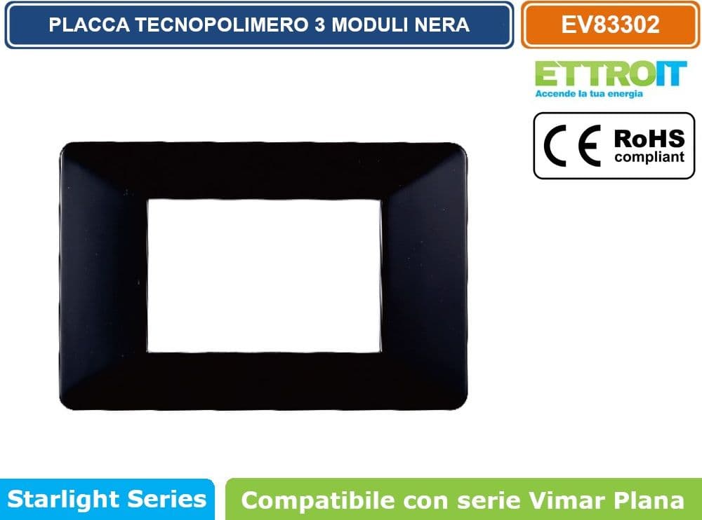 PLACCA IN TECNOPOLIMERO COLORE NERO COMPATIBILE CON SERIE VIMAR PLANA 2 - 3 - 4 - 7 MODULI ETTROIT EV83 - 4