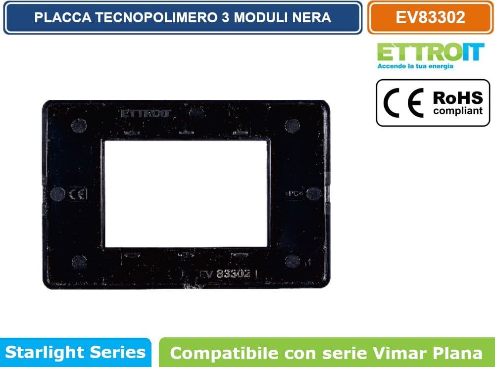 PLACCA IN TECNOPOLIMERO COLORE NERO COMPATIBILE CON SERIE VIMAR PLANA 2 - 3 - 4 - 7 MODULI ETTROIT EV83 - 5