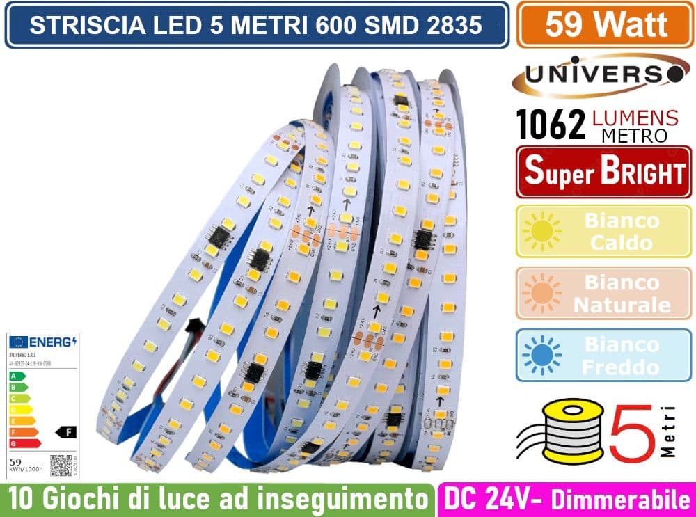 STRIP STRISCIA LED FLESSIBILE MONOCOLORE DC 24V 59W 600 SMD LED 2835 5310 LUMEN 10 GIOCHI DI LUCE AD INSEGUIMENTO IP20 - 2