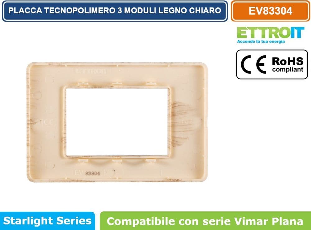 PLACCA IN TECNOPOLIMERO COLORE LEGNO CHIARO COMPATIBILE CON SERIE VIMAR PLANA 2 - 3 - 4 - 7 MODULI ETTROIT EV83 - 5