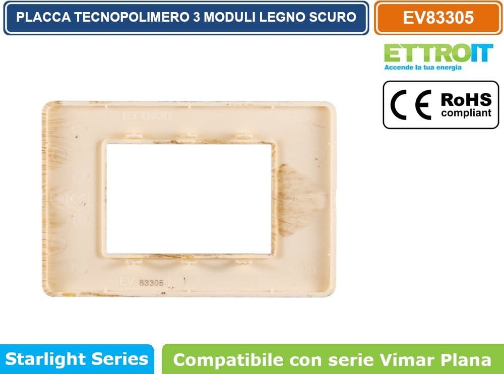 PLACCA IN TECNOPOLIMERO COLORE LEGNO SCURO COMPATIBILE CON SERIE VIMAR PLANA 2 - 3 - 4 - 7 MODULI ETTROIT EV83 - 5