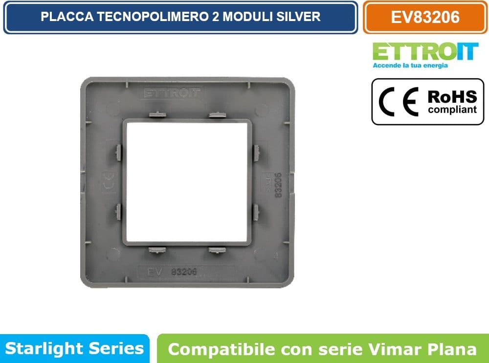 PLACCA IN TECNOPOLIMERO COLORE SILVER COMPATIBILE CON SERIE VIMAR PLANA 2 - 3 - 4 - 7 MODULI ETTROIT EV83 - 3