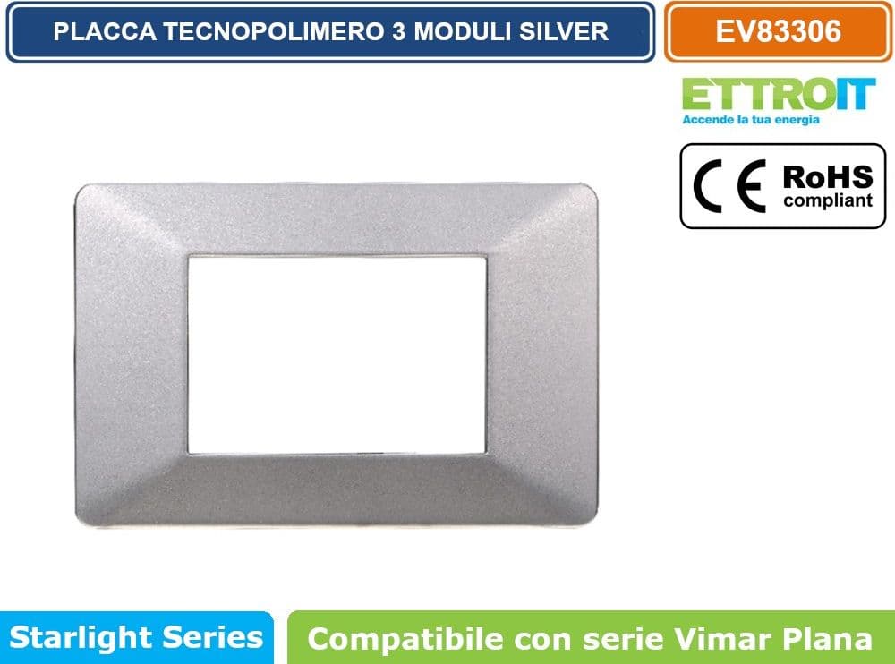 PLACCA IN TECNOPOLIMERO COLORE SILVER COMPATIBILE CON SERIE VIMAR PLANA 2 - 3 - 4 - 7 MODULI ETTROIT EV83 - 4
