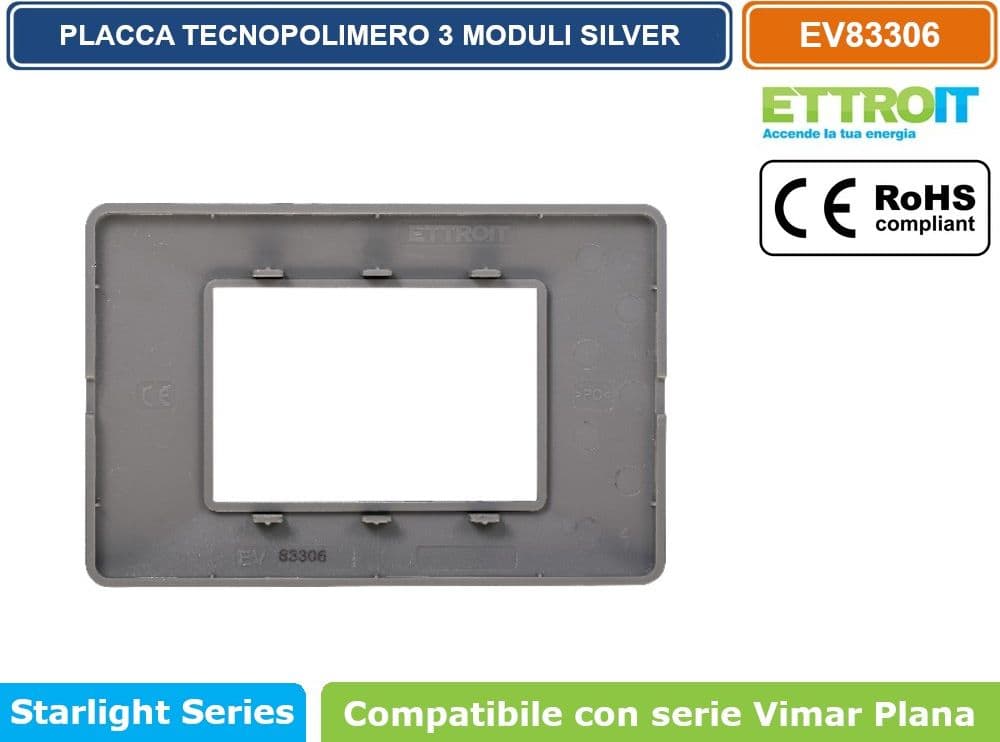 PLACCA IN TECNOPOLIMERO COLORE SILVER COMPATIBILE CON SERIE VIMAR PLANA 2 - 3 - 4 - 7 MODULI ETTROIT EV83 - 5