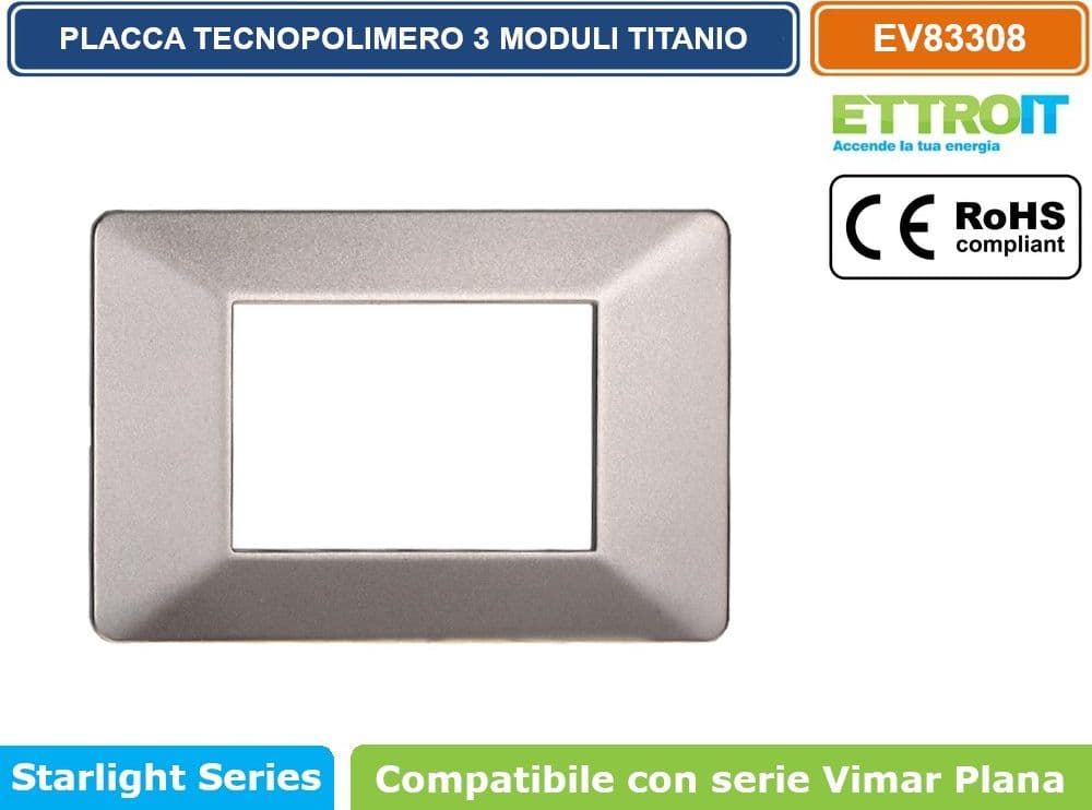 PLACCA IN TECNOPOLIMERO COLORE TITANIO COMPATIBILE CON SERIE VIMAR PLANA 2 - 3 - 4 - 7 MODULI ETTROIT EV83 - 4