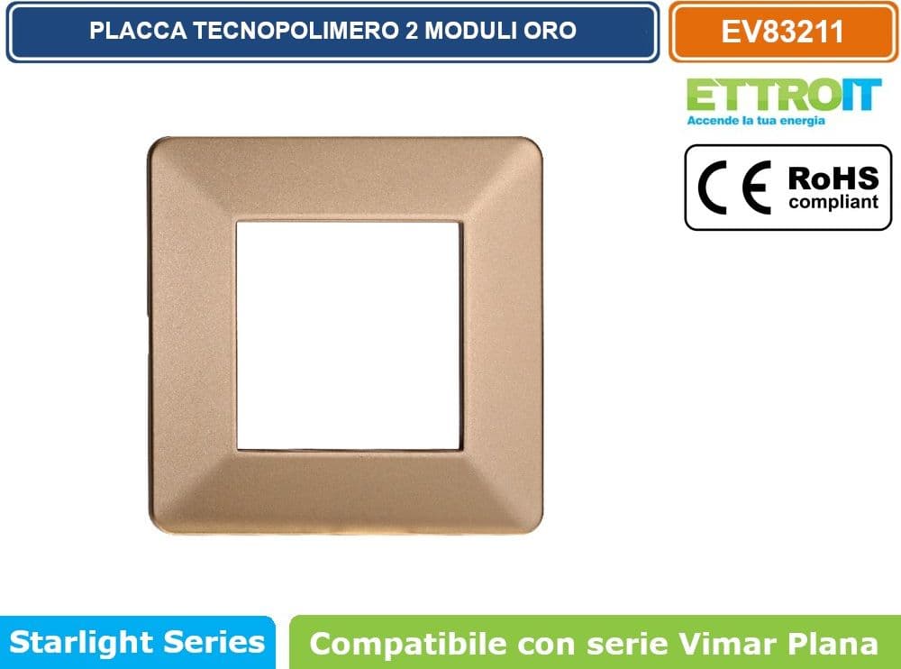 PLACCA IN TECNOPOLIMERO COLORE ORO COMPATIBILE CON SERIE VIMAR PLANA 2 - 3 - 4 - 7 MODULI ETTROIT EV83 - 2