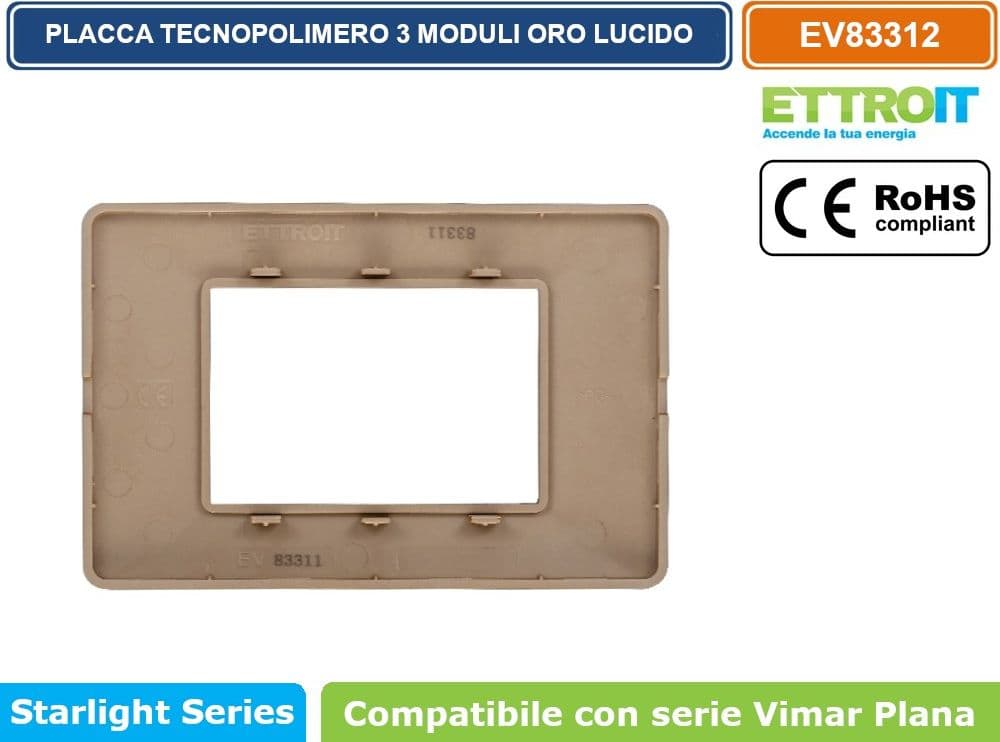 PLACCA IN TECNOPOLIMERO COLORE ORO LUCIDO COMPATIBILE CON SERIE VIMAR PLANA 2 - 3 - 4 - 7 MODULI ETTROIT EV83 - 5