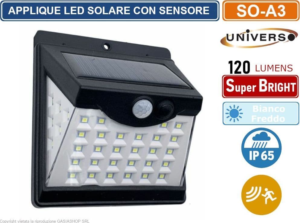 APPLIQUE LAMPADA SMD LED PER ESTERNO IP65 CON PANNELLO SOLARE E SENSORE DI MOVIMENTO 120 LUMEN - 5