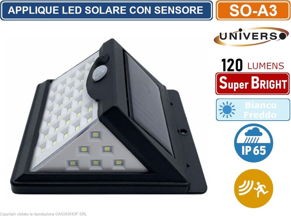 APPLIQUE LAMPADA SMD LED PER ESTERNO IP65 CON PANNELLO SOLARE E SENSORE DI MOVIMENTO 120 LUMEN - 2