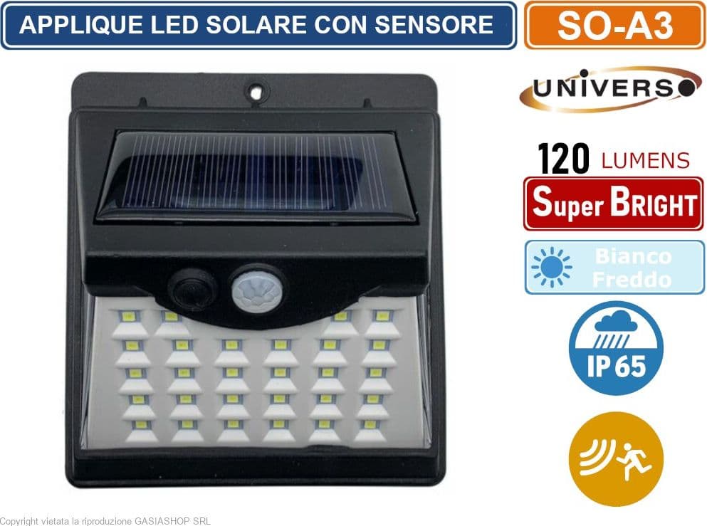APPLIQUE LAMPADA SMD LED PER ESTERNO IP65 CON PANNELLO SOLARE E SENSORE DI MOVIMENTO 120 LUMEN - 3