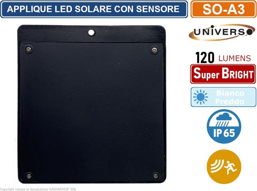 APPLIQUE LAMPADA SMD LED PER ESTERNO IP65 CON PANNELLO SOLARE E SENSORE DI MOVIMENTO 120 LUMEN - 4