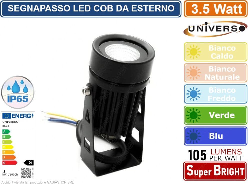 FARO PROIETTORE COB LED ORIENTABILE  DA GIARDINO NERO DA 3.5W IP65 LUCE BIANCO CALDO BIANCO NATURALE BIANCO FREDDO VERDE BLU - 2