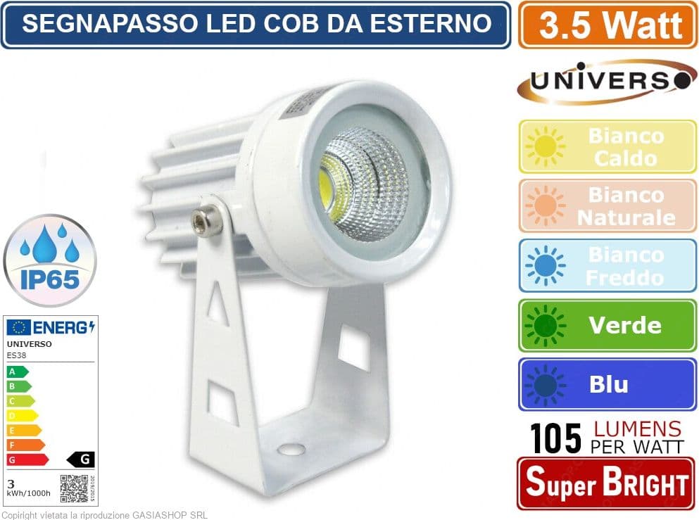 FARO PROIETTORE COB LED ORIENTABILE  DA GIARDINO BIANCO DA 3.5W IP65 LUCE BIANCO CALDO BIANCO NATURALE BIANCO FREDDO VERDE BLU - 2
