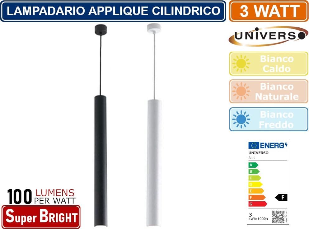 LAMPADARIO APPLIQUE A SOSPENSIONE DI FORMA CILINDRICA 3W 300 LUMEN COLORE BIANCO - NERO