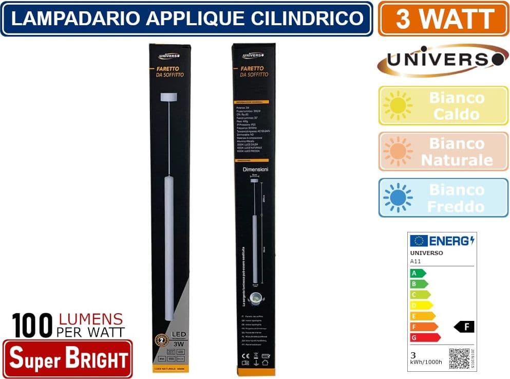 LAMPADARIO APPLIQUE A SOSPENSIONE DI FORMA CILINDRICA 3W 300 LUMEN COLORE BIANCO - NERO - 2