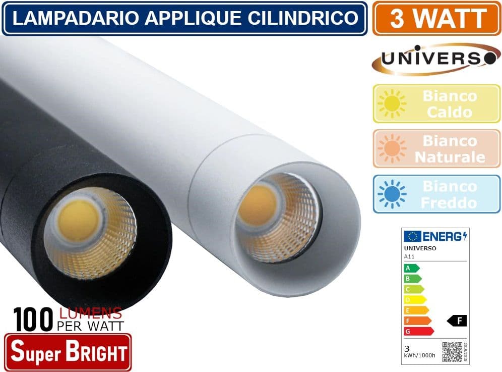 LAMPADARIO APPLIQUE A SOSPENSIONE DI FORMA CILINDRICA 3W 300 LUMEN COLORE BIANCO - NERO - 3