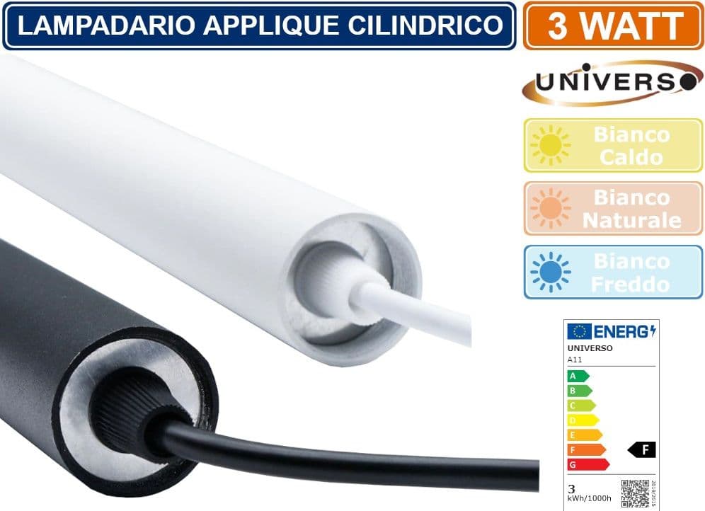 LAMPADARIO APPLIQUE A SOSPENSIONE DI FORMA CILINDRICA 3W 300 LUMEN COLORE BIANCO - NERO - 4