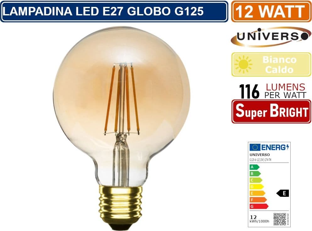 LAMPADINA LED GLOBO G125 A FILAMENTO VINTAGE 12W E27 VETRO AMBRATO LUCE CALDA 2600K - 2