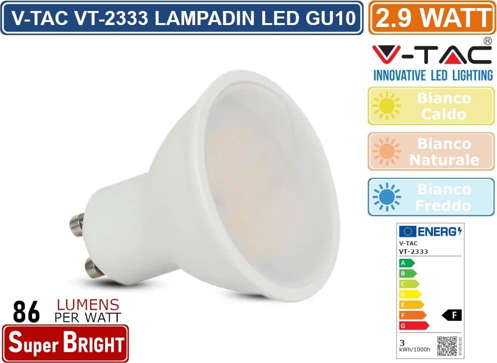 CONFEZIONE 15 PEZZI V-TAC VT-2333 LAMPADINA LED GU10 2.9W FARETTO SPOTLIGHT SMD - SKU 2987 / 2988 / 2989 - 2