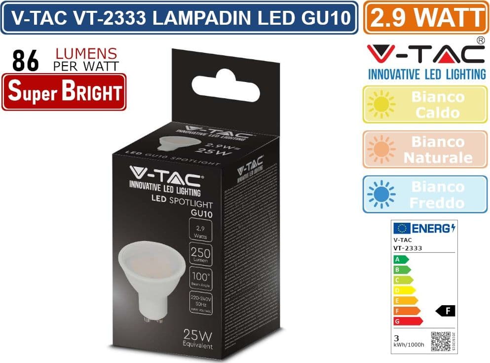 CONFEZIONE 15 PEZZI V-TAC VT-2333 LAMPADINA LED GU10 2.9W FARETTO SPOTLIGHT SMD - SKU 2987 / 2988 / 2989 - 3