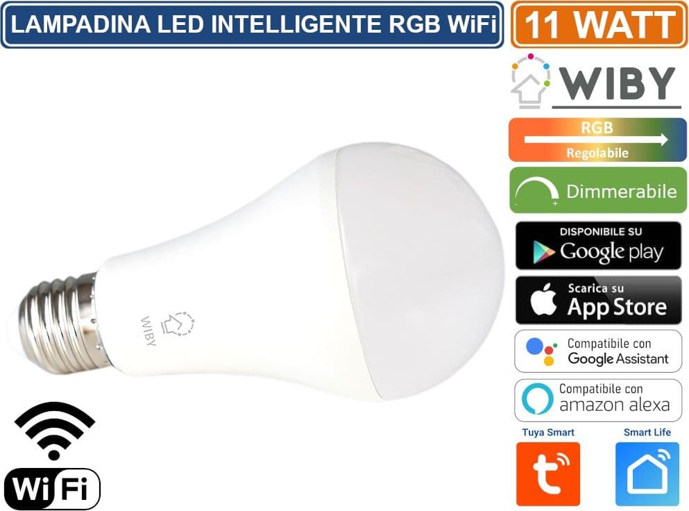 WIBY LAMPADINA LED INTELLIGENTE A65 E27 11W WIFI GESTIBILE DA APP DIMMERABILE COLORE LUCE REGOLABILE RGB+ BIANCO CALDO - FREDDO TUYA SMART LIFE - 2
