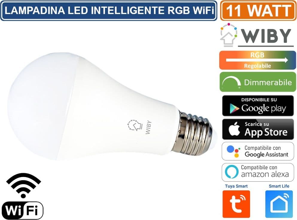 WIBY LAMPADINA LED INTELLIGENTE A65 E27 11W WIFI GESTIBILE DA APP DIMMERABILE COLORE LUCE REGOLABILE RGB+ BIANCO CALDO - FREDDO TUYA SMART LIFE - 3