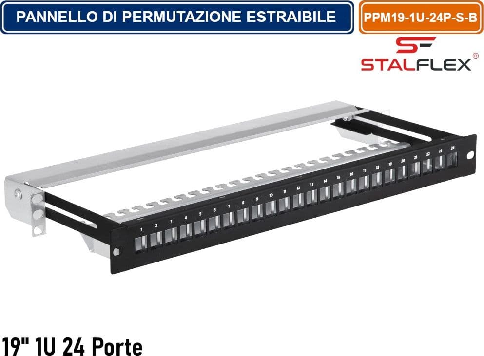 PANNELLO DI PERMUTAZIONE PATCH PANEL ESTRAIBILE 1U KEYSTONE 24 PORTE RJ-45 CAT. 5E/6/6A PER ARMADIO RACK 19" NERO RAL9005 - 2