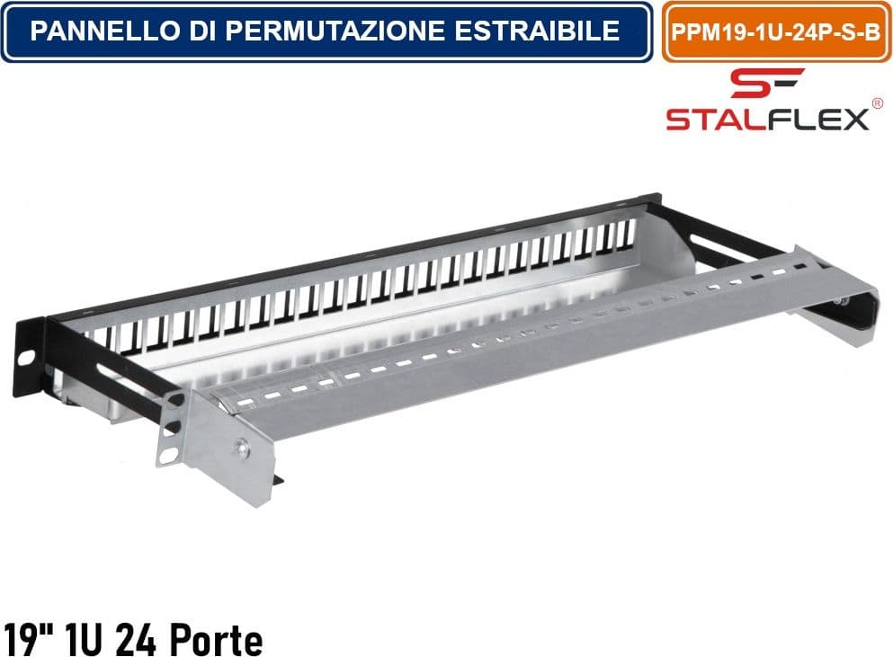 PANNELLO DI PERMUTAZIONE PATCH PANEL ESTRAIBILE 1U KEYSTONE 24 PORTE RJ-45 CAT. 5E/6/6A PER ARMADIO RACK 19" NERO RAL9005 - 3