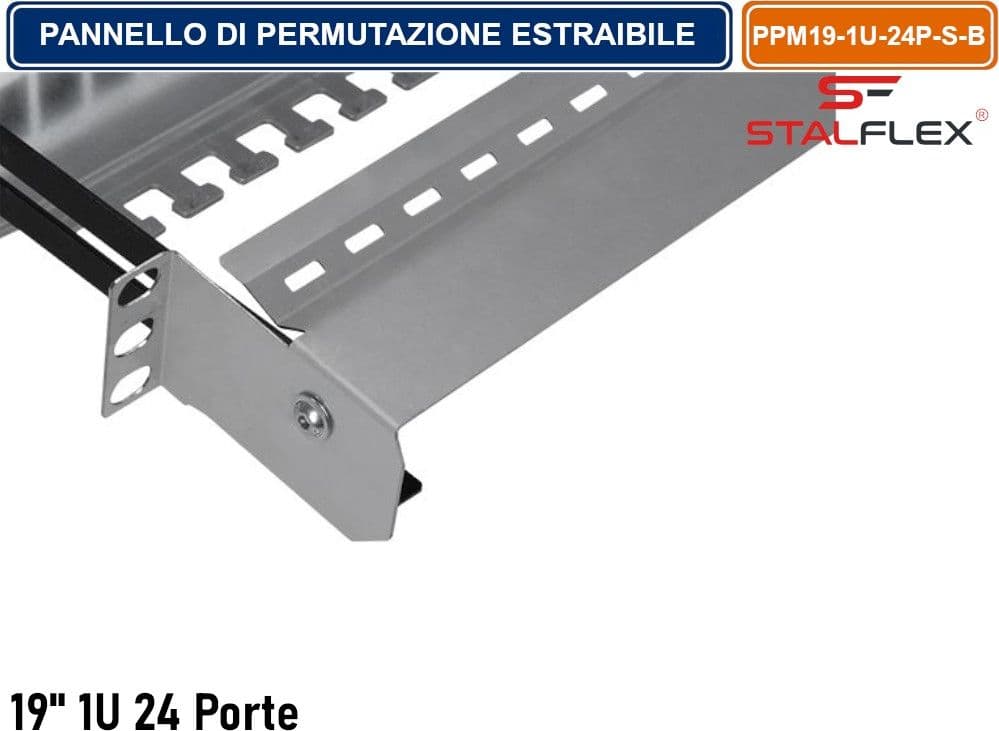 PANNELLO DI PERMUTAZIONE PATCH PANEL ESTRAIBILE 1U KEYSTONE 24 PORTE RJ-45 CAT. 5E/6/6A PER ARMADIO RACK 19" NERO RAL9005 - 4