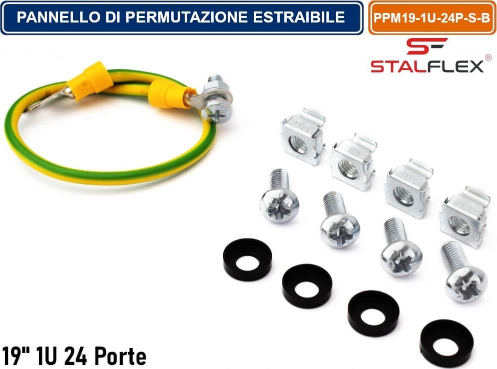 PANNELLO DI PERMUTAZIONE PATCH PANEL ESTRAIBILE 1U KEYSTONE 24 PORTE RJ-45 CAT. 5E/6/6A PER ARMADIO RACK 19" NERO RAL9005 - 5
