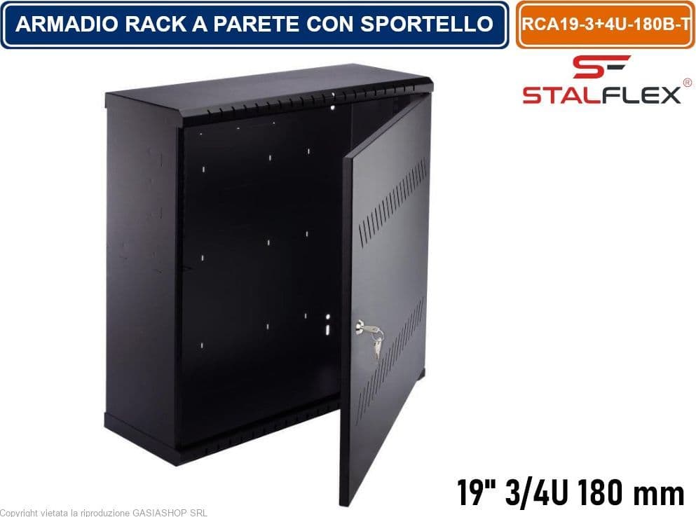 CONTENITORE DI SICUREZZA ARMADIO RACK 19" 3/4U 180MM QUADRO A PARETE NERO CON SPORTELLO E SERRATURA - 6