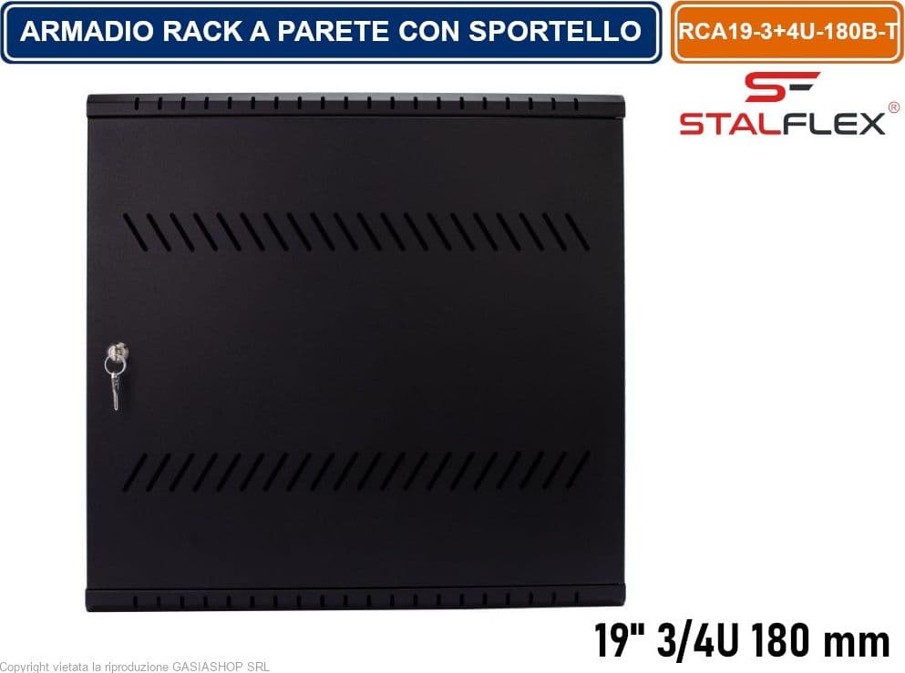CONTENITORE DI SICUREZZA ARMADIO RACK 19" 3/4U 180MM QUADRO A PARETE NERO CON SPORTELLO E SERRATURA - 3