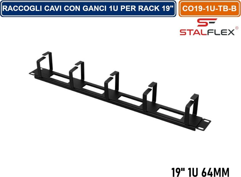 RACCOGLI CAVI CON GANCI 1U PER ARMADIO RACK 19" NERO RAL9005 - 2