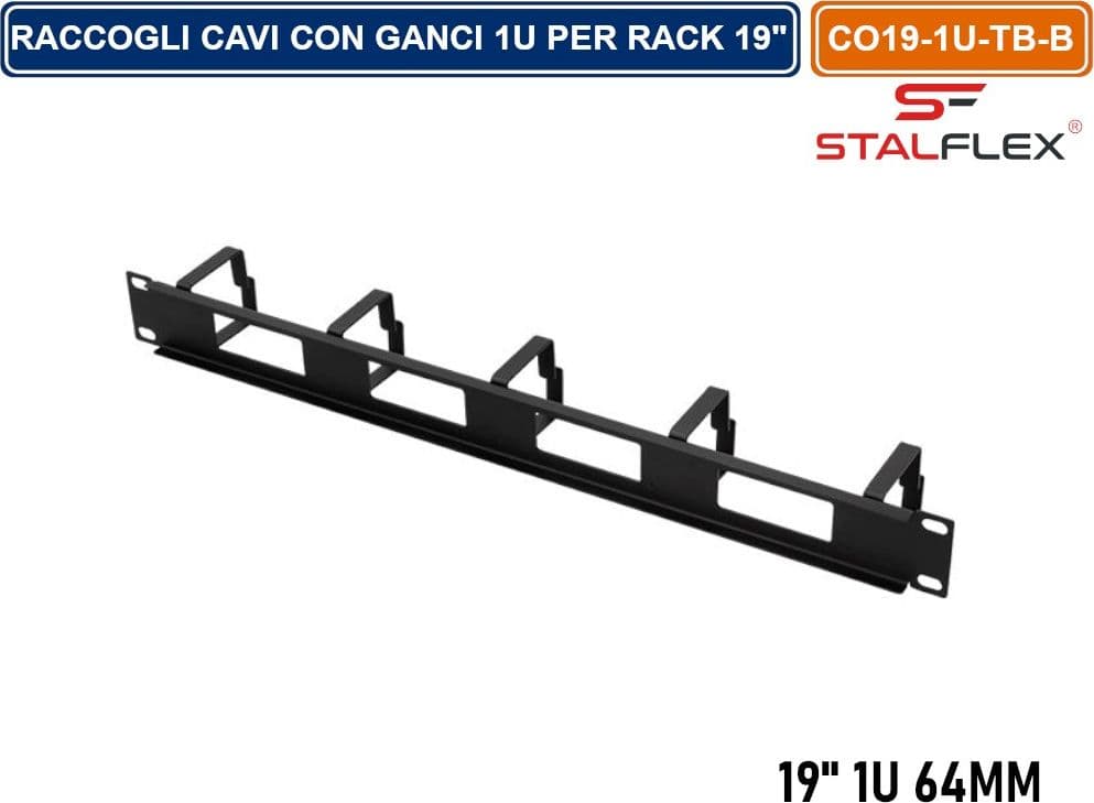 RACCOGLI CAVI CON GANCI 1U PER ARMADIO RACK 19" NERO RAL9005 - 3