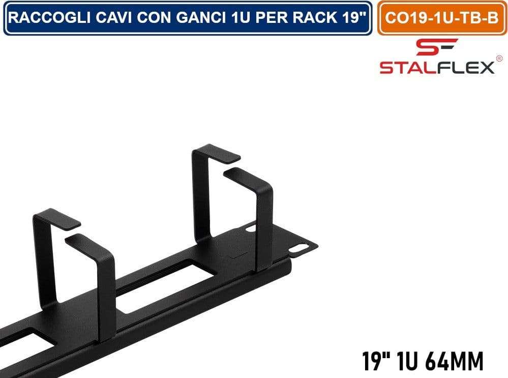 RACCOGLI CAVI CON GANCI 1U PER ARMADIO RACK 19" NERO RAL9005 - 4