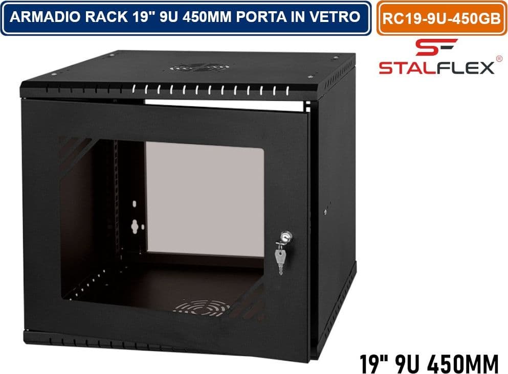 ARMADIO RACK 19" 9U 450MM QUADRO A PARETE NERO RAL9005 CON SPORTELLO IN VETRO REVERSIBILE - 2