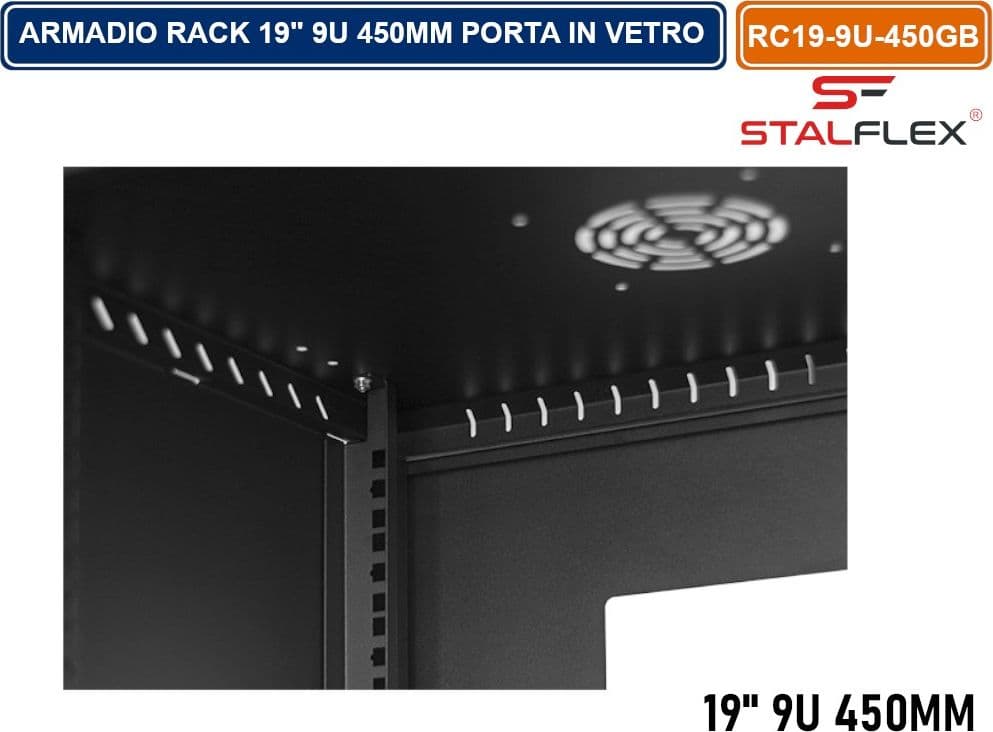 ARMADIO RACK 19" 9U 450MM QUADRO A PARETE NERO RAL9005 CON SPORTELLO IN VETRO REVERSIBILE - 3