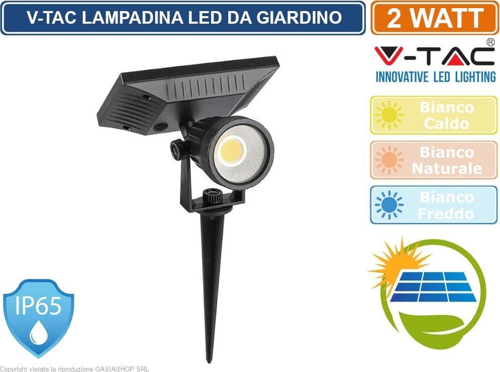 V-TAC VT-952 LAMPADA LED DA GIARDINO 2W COB IP65 CON PANNELLO SOLARE E SENSORE CREPUSCOLARE - SKU 6660 / 6661 / 6662 - 4