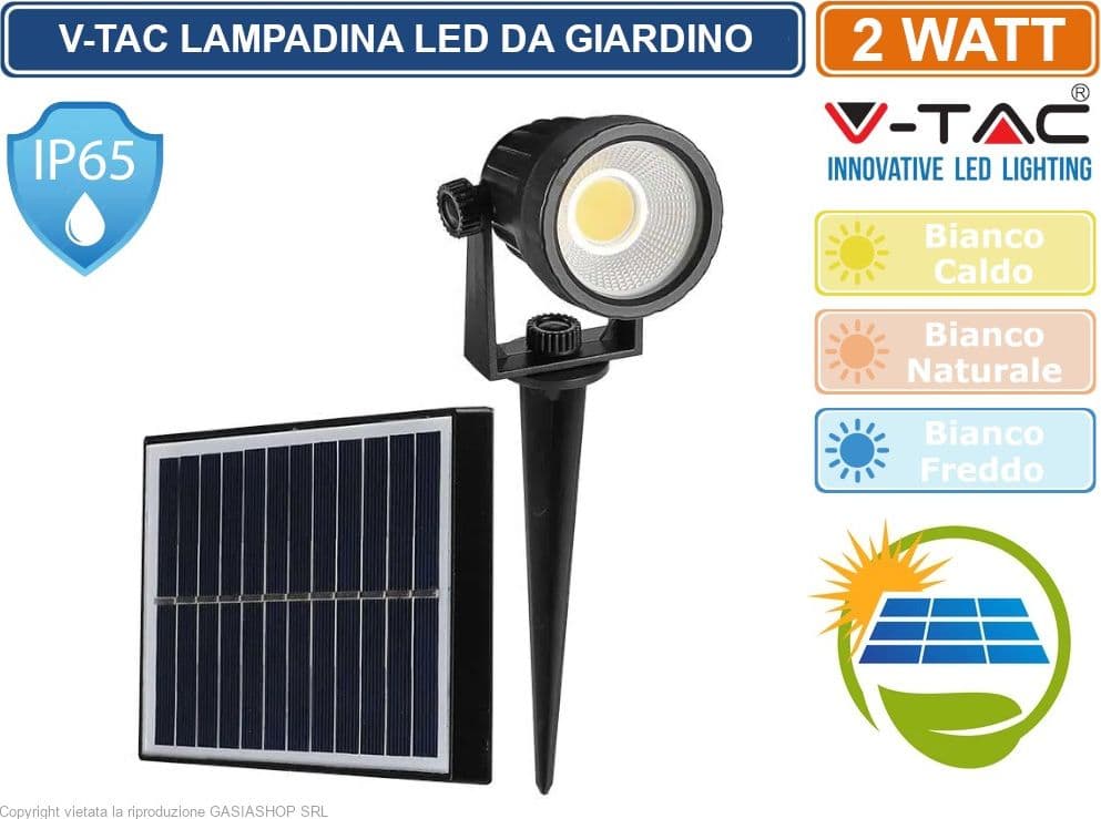 V-TAC VT-952 LAMPADA LED DA GIARDINO 2W COB IP65 CON PANNELLO SOLARE E SENSORE CREPUSCOLARE - SKU 6660 / 6661 / 6662 - 2
