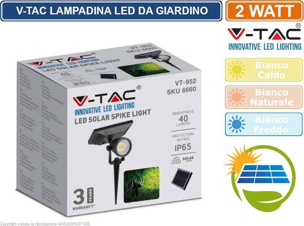 V-TAC VT-952 LAMPADA LED DA GIARDINO 2W COB IP65 CON PANNELLO SOLARE E SENSORE CREPUSCOLARE - SKU 6660 / 6661 / 6662 - 3