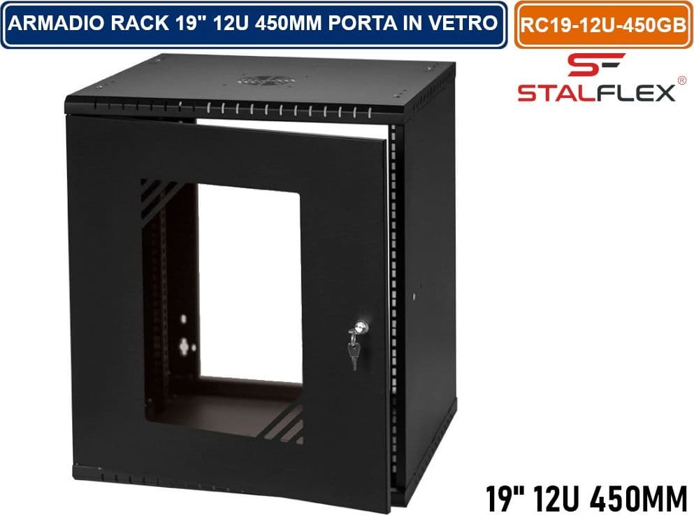 ARMADIO RACK 19" 12U 450MM QUADRO A PARETE NERO RAL9005 CON SPORTELLO IN VETRO REVERSIBILE - 2