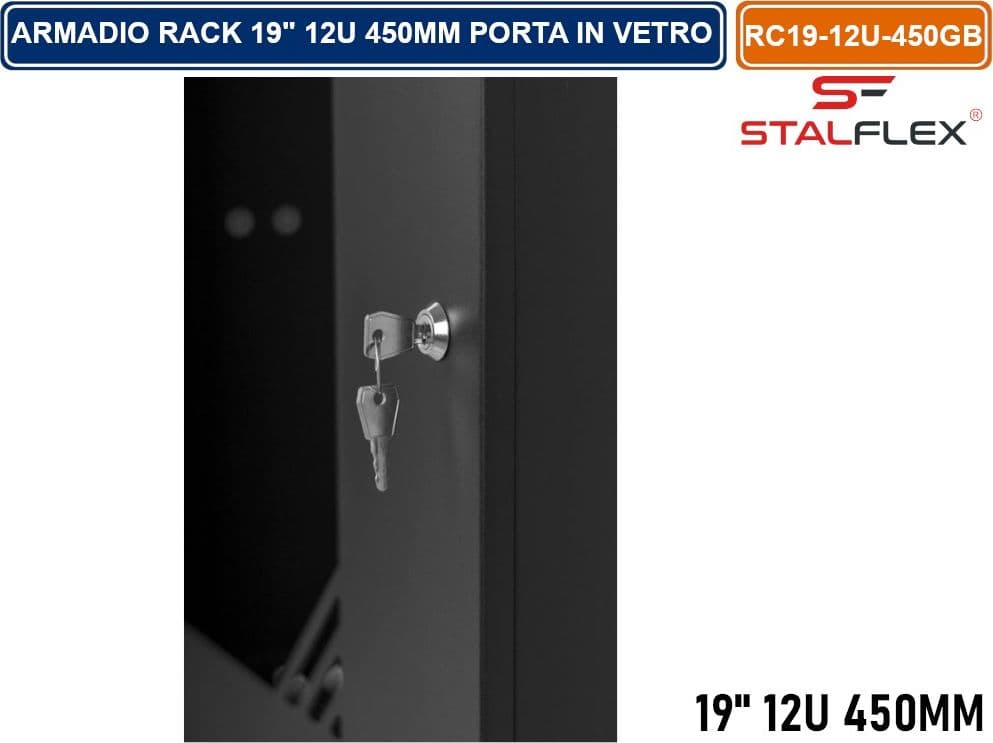ARMADIO RACK 19" 12U 450MM QUADRO A PARETE NERO RAL9005 CON SPORTELLO IN VETRO REVERSIBILE - 3