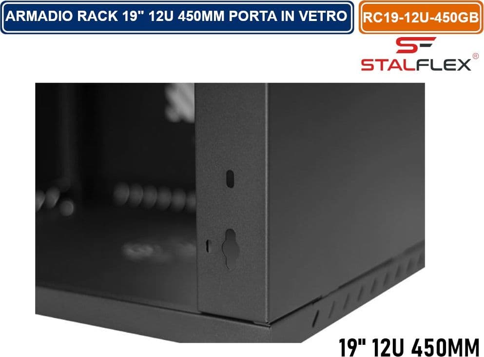 ARMADIO RACK 19" 12U 450MM QUADRO A PARETE NERO RAL9005 CON SPORTELLO IN VETRO REVERSIBILE - 4