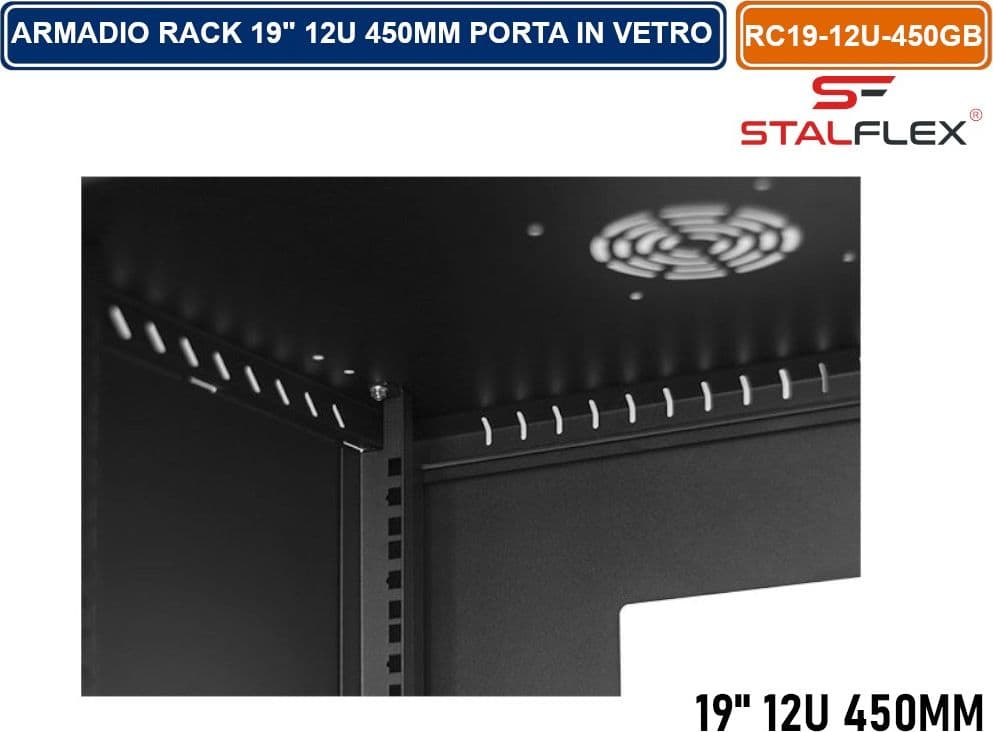 ARMADIO RACK 19" 12U 450MM QUADRO A PARETE NERO RAL9005 CON SPORTELLO IN VETRO REVERSIBILE - 5