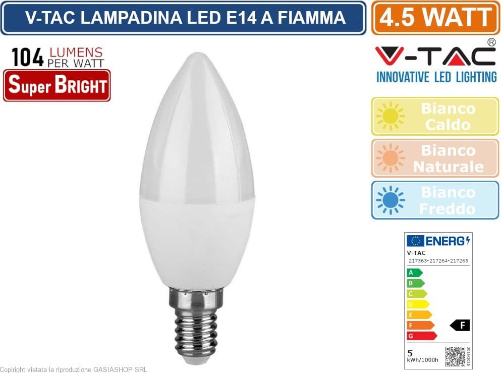 V-TAC VT-2076 SUPER SAVER PACK 3X LAMPADINA LED E14 4.5W CANDLE BULB CANDELA SMD - SKU 217263 / 217264 / 217265 - 2