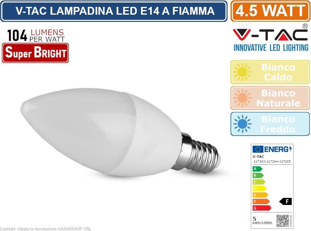 V-TAC VT-2076 SUPER SAVER PACK 3X LAMPADINA LED E14 4.5W CANDLE BULB CANDELA SMD - SKU 217263 / 217264 / 217265 - 3