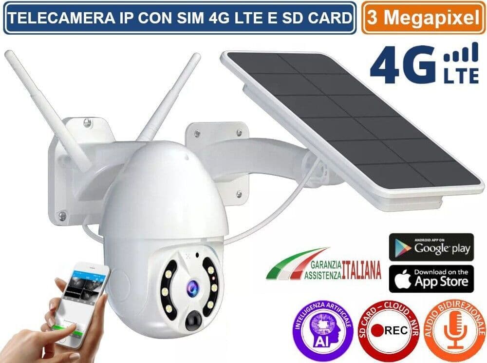 TELECAMERA SPEED DOME MOTORIZZATA IP CON PANNELLO SOLARE 4G LTE SIM GSM REGISTRA SU SD CARD 3MP CON AUDIO BIDIREZIONALE IP66 - 2