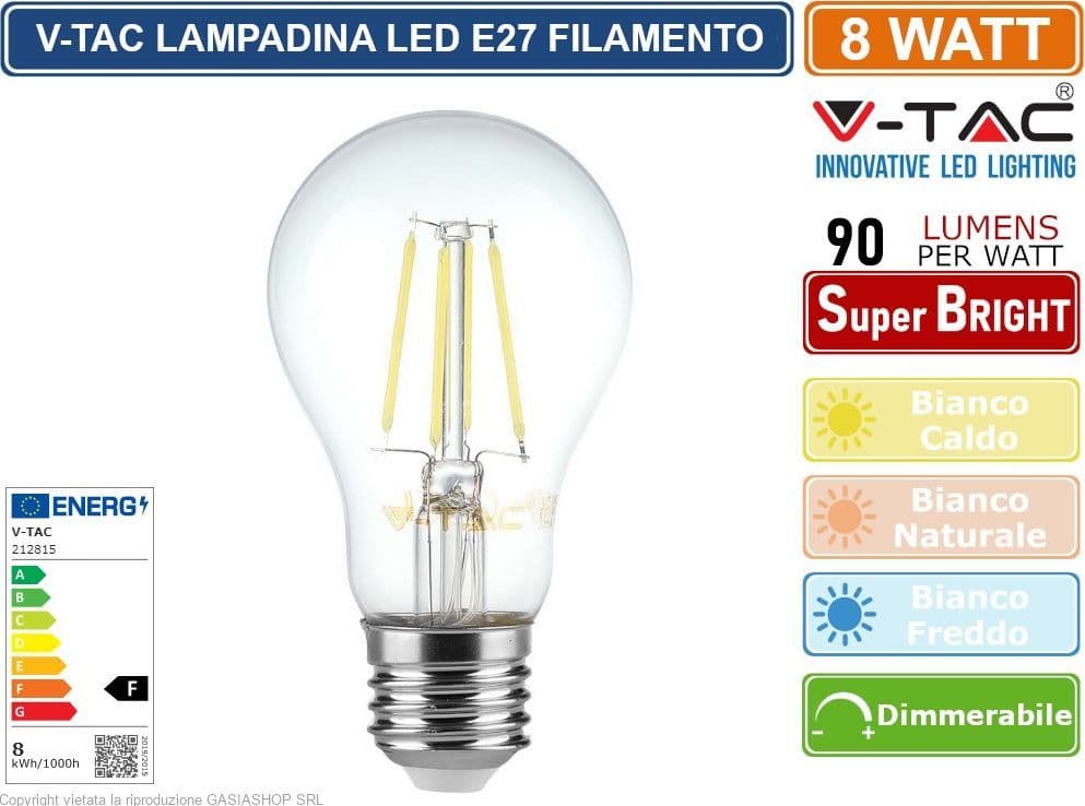 V-TAC VT-2288D LAMPADINA LED E27 8W BULB A60 GOCCIA FILAMENT DIMMERABILE VETRO TRASPARENTE - SKU 212815 - 3